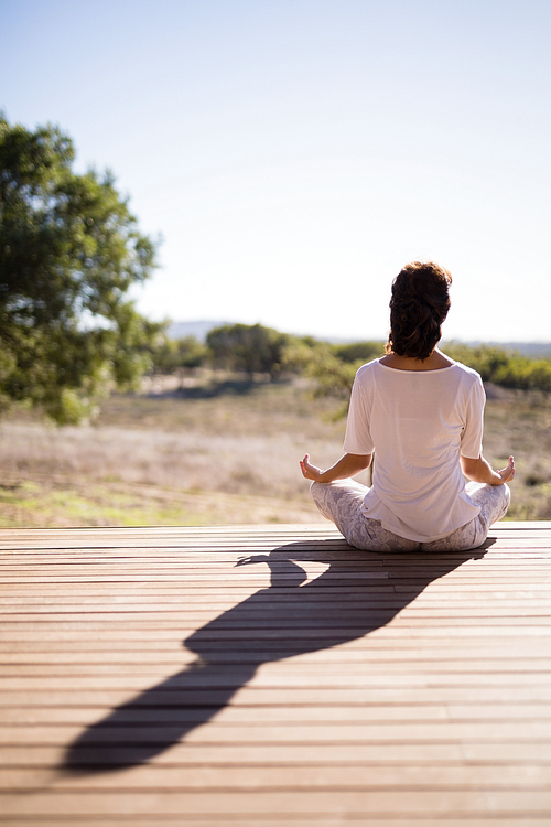 Woman practicing yoga on wooden plank on a sunny day