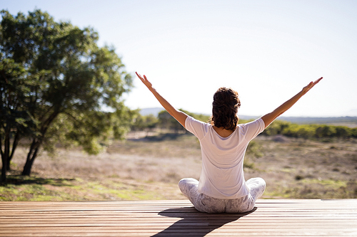 Woman practicing yoga on wooden plank on a sunny day