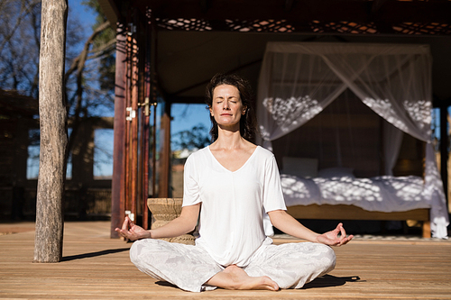 Woman practicing yoga on wooden plank on a sunny day