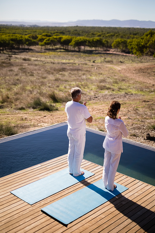 Couple practicing yoga on at poolside on a sunny day