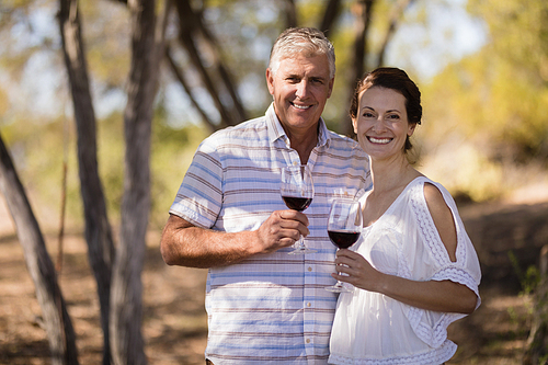 Portrait of smiling couple holding a glass of red wine during safari vacation