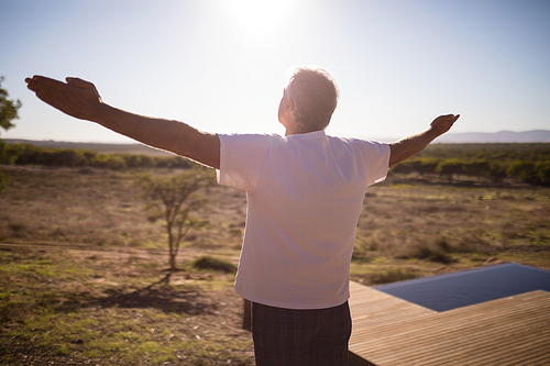 Man practising yoga on wooden plank on a sunny day