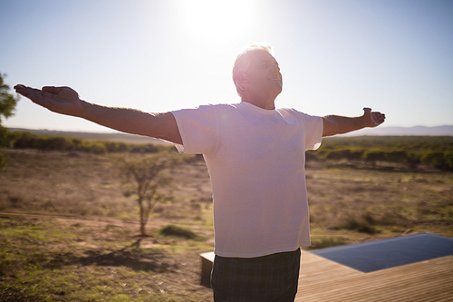 Man practising yoga on wooden plank on a sunny day