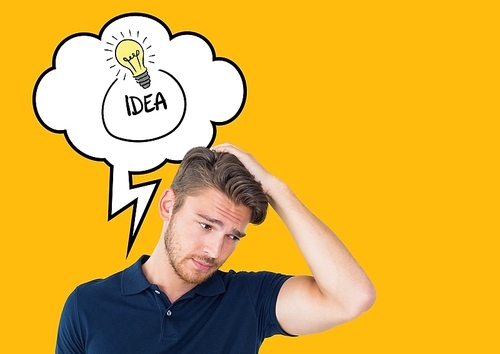 Digital composition of confused man with thought bubble of idea text and light bulb