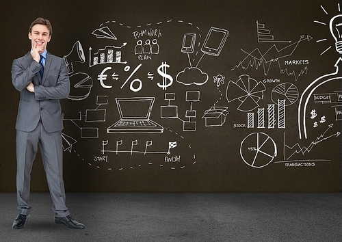 Digital composition of thoughtful businessman standing against business symbols on blackboard