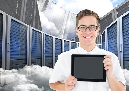 Digital composition of man holding digital tablet against database server systems in sky