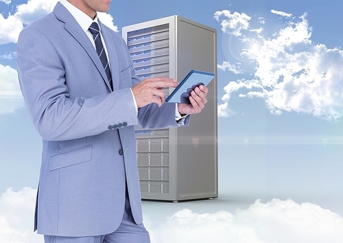 Composite image of businessman using digital tablet against database server system in sky