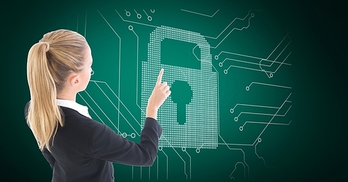 Businesswoman touching digitally generated lock interface against green background