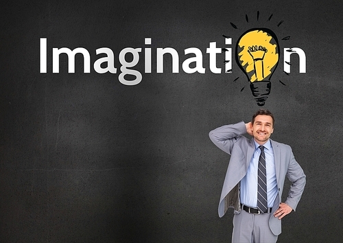 Compsite image of thoughtful businessman standing with imagination text in background