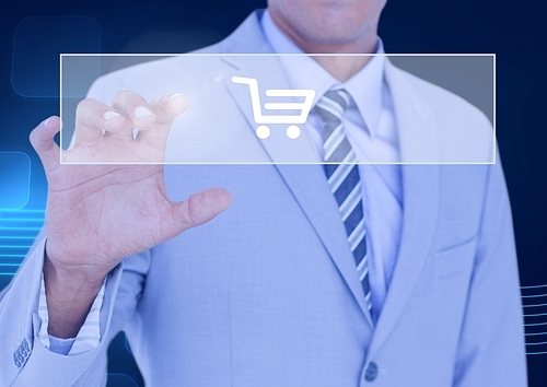 Digital composition of businessman touching digital interface of online shopping