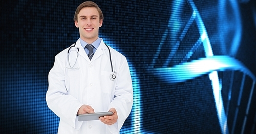 Digital composition of doctor using digital tablet against medical backgorund