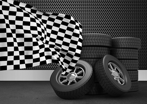 Composite image of stack of tires with checkered flag against black background