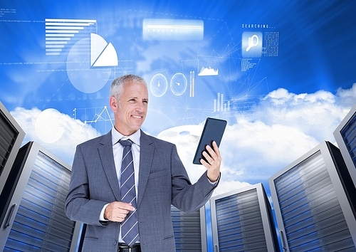 Digital composition of businessman using digital tablet against server systems in sky