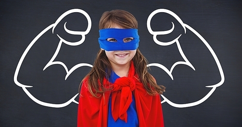 Digital composition of girl in superhero costume against flexed arms background