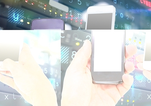 Digital composition of hands holding mobile phone against server storage system in background