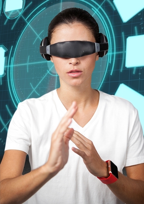 Digital composition of woman wearing virtual reality glasses doing hands gestures against digital background