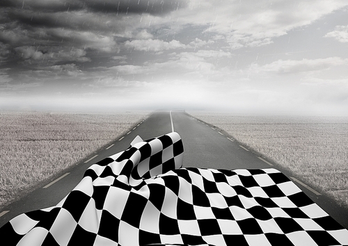 Digital composition of checkered flag on road against stormy sky