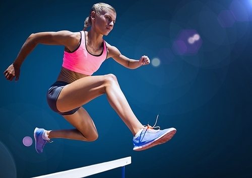 Digital composition of athlete jumping over hurdles against sky in background
