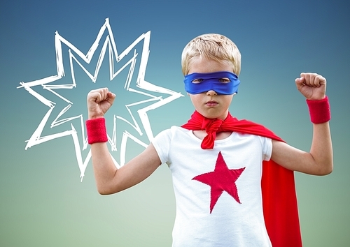 Digital composition of kid in superhero costume flexing his arms against green background