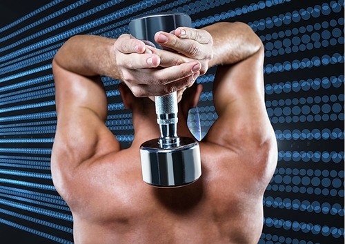 Rear view of man performing tricep exercise against digitally generated background