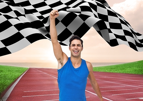 Digital composition of athlete celebrating her victory with checkered flag on race track