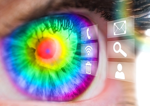 Close-up of digitally composite colorful eyes with icons