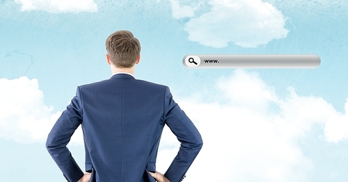 Rear view of businessman standing with website search bar against digitally composite clouds background