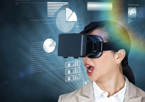 Digital composite of businesswoman using virtual reality headset against graph chart background