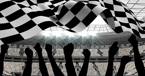 Digitally generated of checkered flag waving in stadium