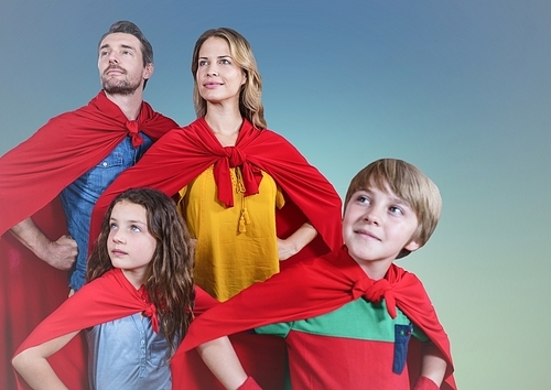 Composite image of super family wearing red cape standing with hand on hip against clear sky background