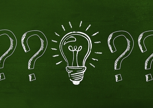 Digital composite of innovative bulb and questions mark drawn on green background