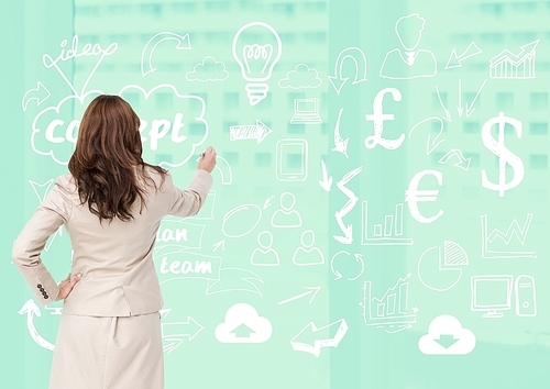 Digital composite of businesswoman writing business concept on green board
