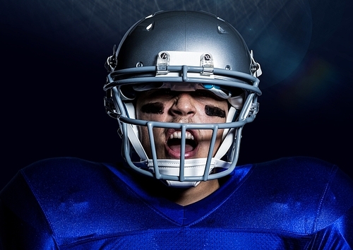Digitally composite of aggressive american player in helmet