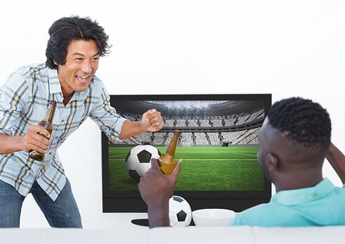 Excited friends watching football match while having beer against white background