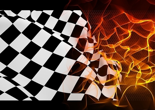 Checker flag and fire against digitally generated background