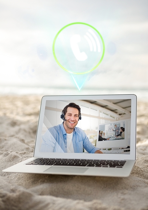 Digital composite image of man having video call on laptop against sky background