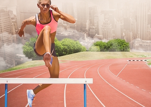 Digital composite image of female athlete jumping above the hurdle against cityscape background