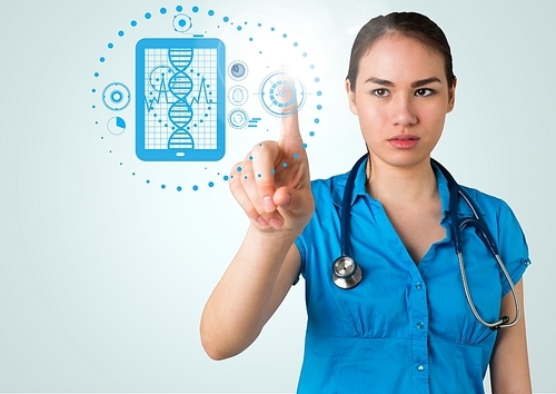 Digitally composite image of doctor touching interface screen with medical icons