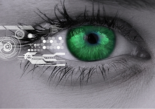 Digitally generated image of woman green eyes with interface screen