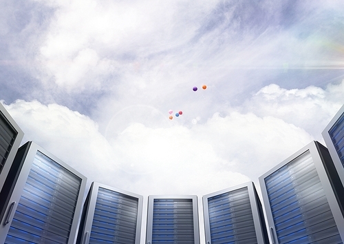 Digital composite image of server towers against cloudy background