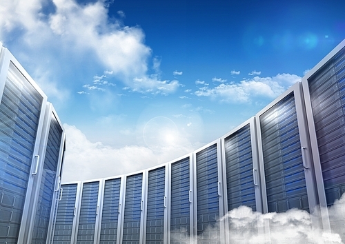 Digitally generated image of servers towers and cloudy sky background