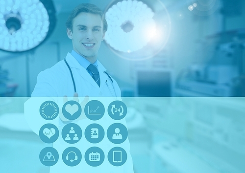 Male doctor touching medical icons on interface screen against digitally generated background