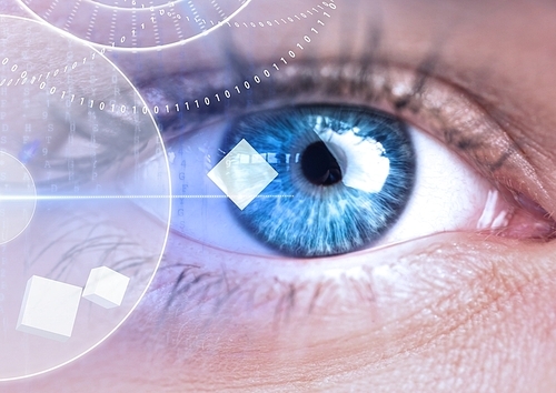 Digitally generated image of woman blue eyes with interface screen