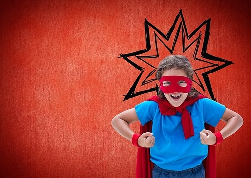 Portrait of smiling girl pretending to be a superhero against red background