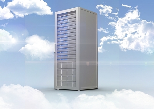Digital composite image of server tower on cloudy sky background