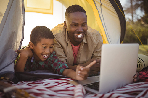 Smiling father and son using laptop in tent at park