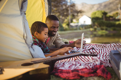 Smiling father and son using laptop in tent at park