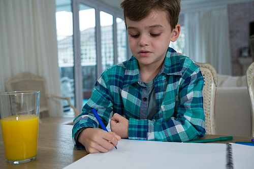 Boy doing homework at table in living room