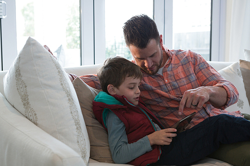 Father and son using digital tablet in living room at home