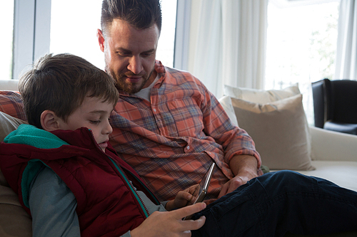 Father and son using digital tablet in living room at home